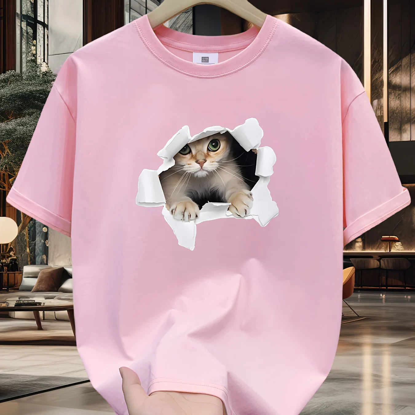 Men's Summer 100% Cotton 3D Cat Graphic Printed Fashion Sports and Leisure Loose Round Neck Short Sleeve T-shirt Top