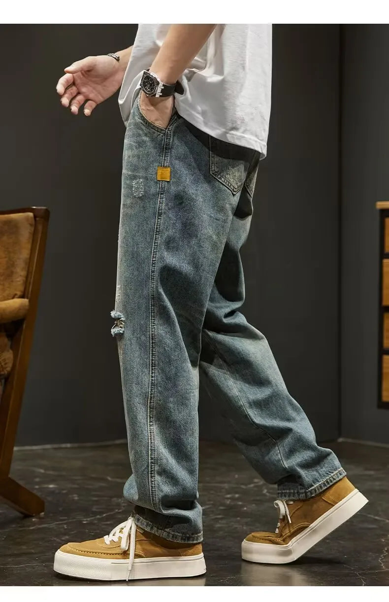 Ripped Denim Jeans Men's Spring New Sle Heavyweight Vintage Casual Long Pants American High Street Loose Straight Leg Pants