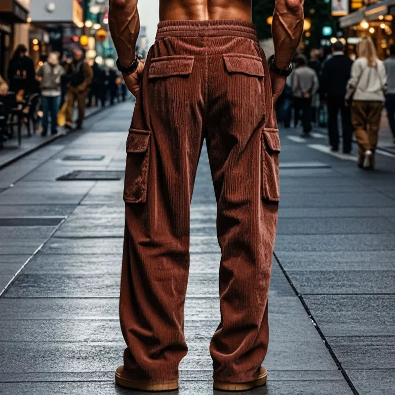 Men's Retro American Corduroy Casual Trousers 2025 Loose Fit Multi-Pocket Straight Leg for Comfortable Wear