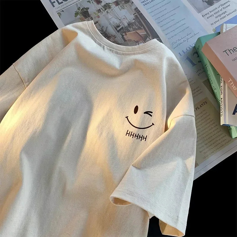 Men Women's Smiling Face Funny Fashion Couple Short Sleeved 2D T-shirt American Basic Simple Oversized Loose Boys' Pullover Top