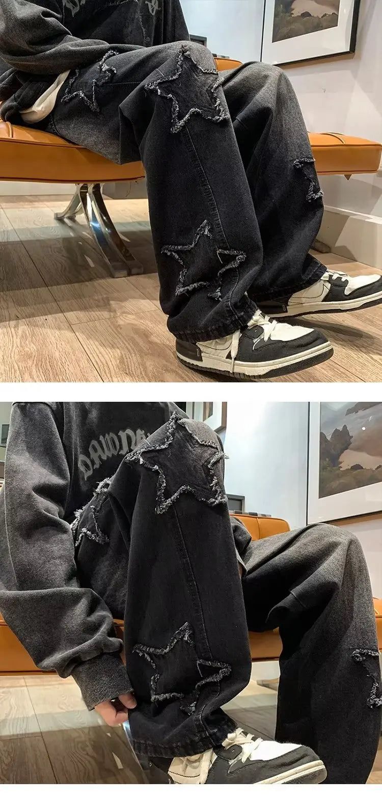 American HIPHOP Star Jeans Men's High Street Trendy Brand Loose Straight Leg Wide Leg Pants Street Trend Versatile Pants