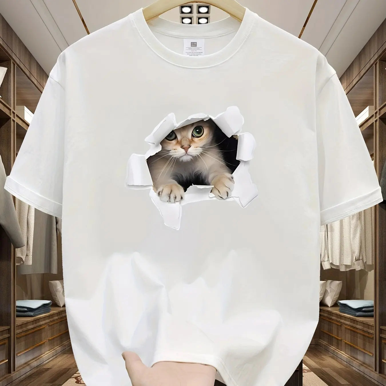 Men's Summer 100% Cotton 3D Cat Graphic Printed Fashion Sports and Leisure Loose Round Neck Short Sleeve T-shirt Top