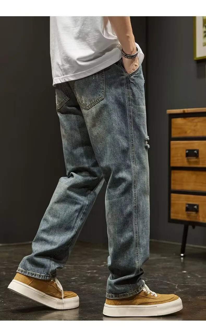 Ripped Denim Jeans Men's Spring New Sle Heavyweight Vintage Casual Long Pants American High Street Loose Straight Leg Pants