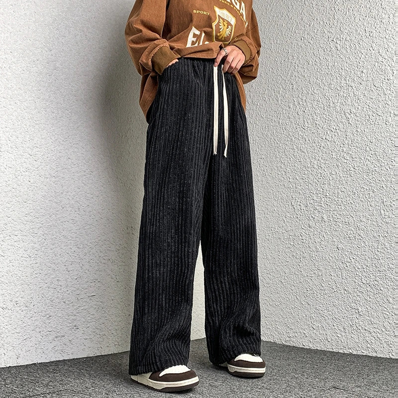 Corduroy Pants Men's Straight Pants Solid Color Drawstring Unisex Wide Leg Oversized Trousers Casual Japanese Style Male Pants