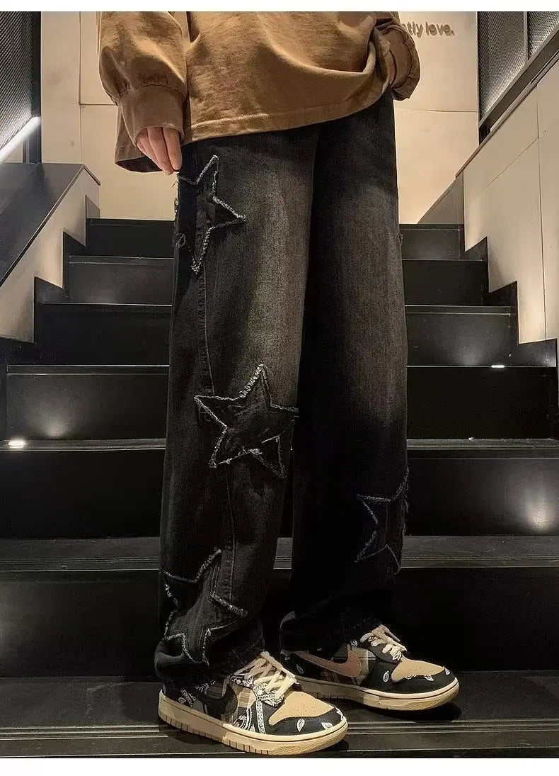 Star Embroidery Straight Casual Men Jeans Neutral Wide Leg Loose Hip-hop Fashion Youth Streetwear Denim Trousers Y2K pants men