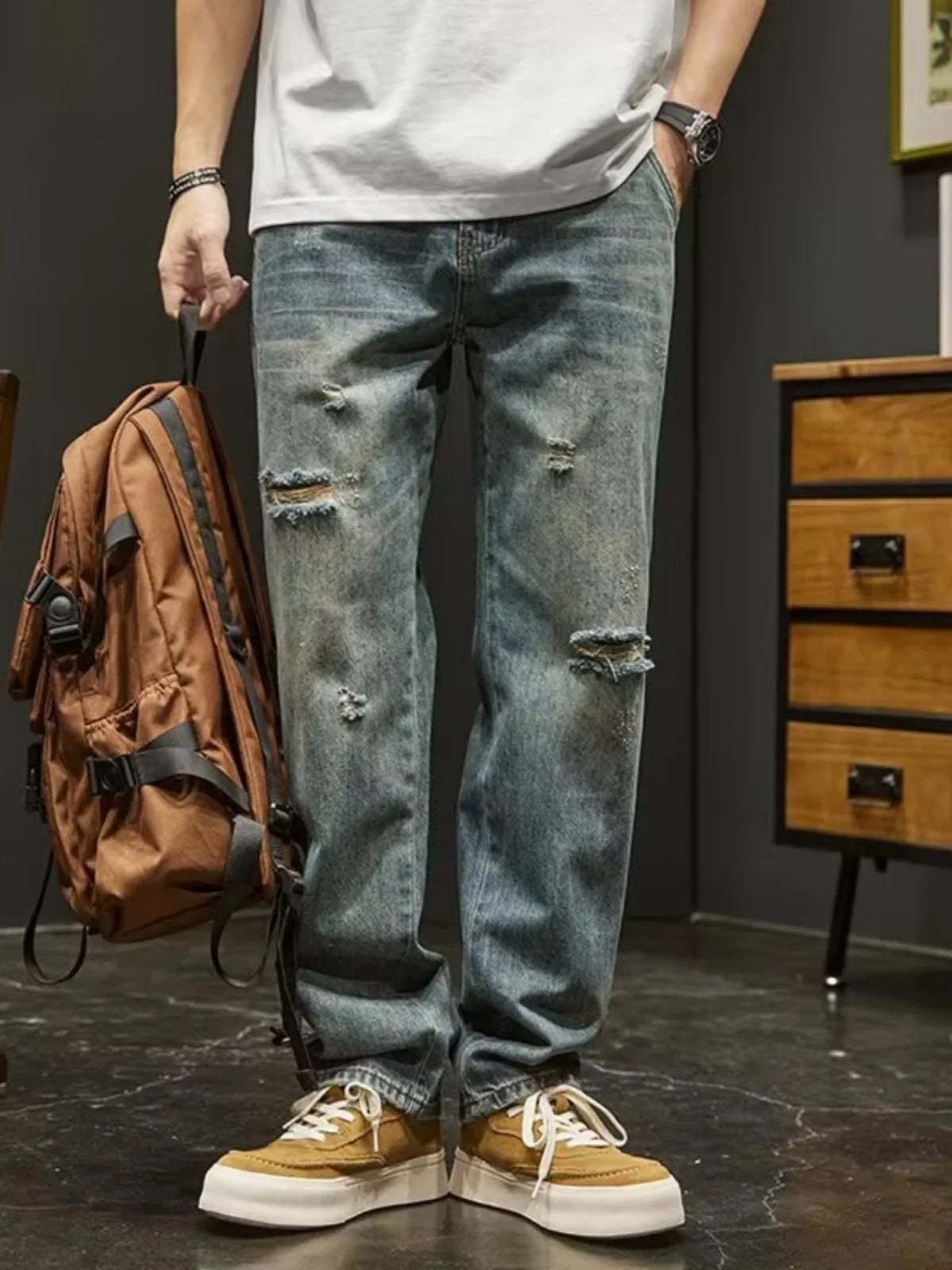 Ripped Denim Jeans Men's Spring New Sle Heavyweight Vintage Casual Long Pants American High Street Loose Straight Leg Pants