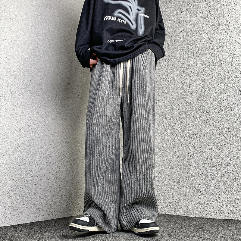 Corduroy Pants Men's Straight Pants Solid Color Drawstring Unisex Wide Leg Oversized Trousers Casual Japanese Style Male Pants