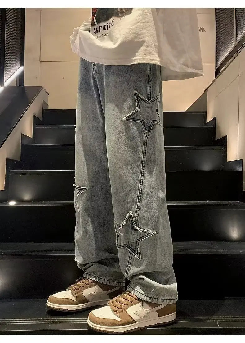 Star Embroidery Straight Casual Men Jeans Neutral Wide Leg Loose Hip-hop Fashion Youth Streetwear Denim Trousers Y2K pants men