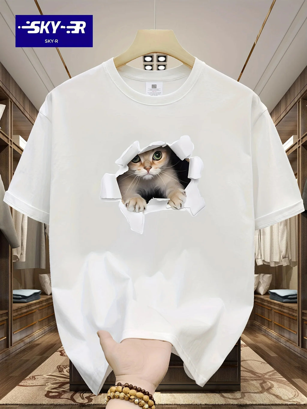 Men's Summer 100% Cotton 3D Cat Graphic Printed Fashion Sports and Leisure Loose Round Neck Short Sleeve T-shirt Top