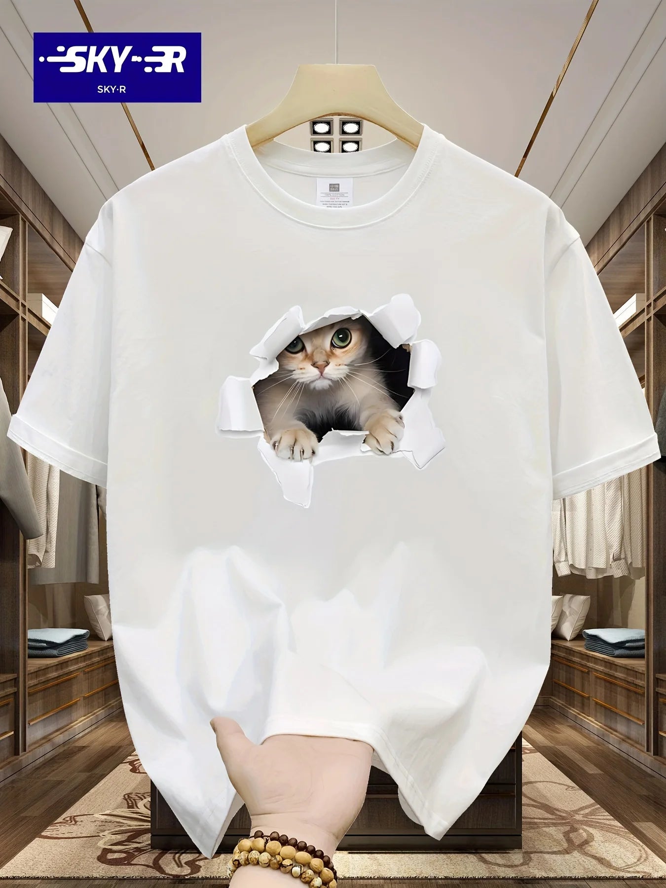 Men's Summer 100% Cotton 3D Cat Graphic Printed Fashion Sports and Leisure Loose Round Neck Short Sleeve T-shirt Top