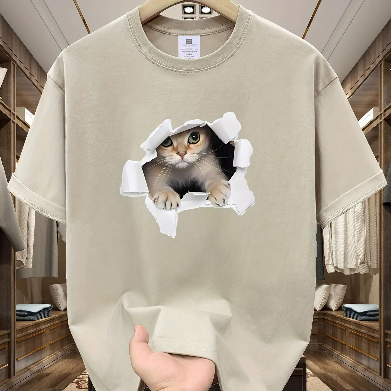 Men's Summer 100% Cotton 3D Cat Graphic Printed Fashion Sports and Leisure Loose Round Neck Short Sleeve T-shirt Top