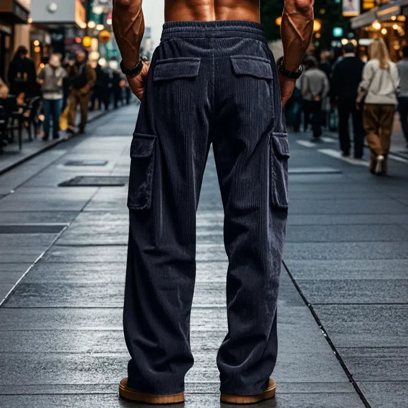 Men's Retro American Corduroy Casual Trousers 2025 Loose Fit Multi-Pocket Straight Leg for Comfortable Wear