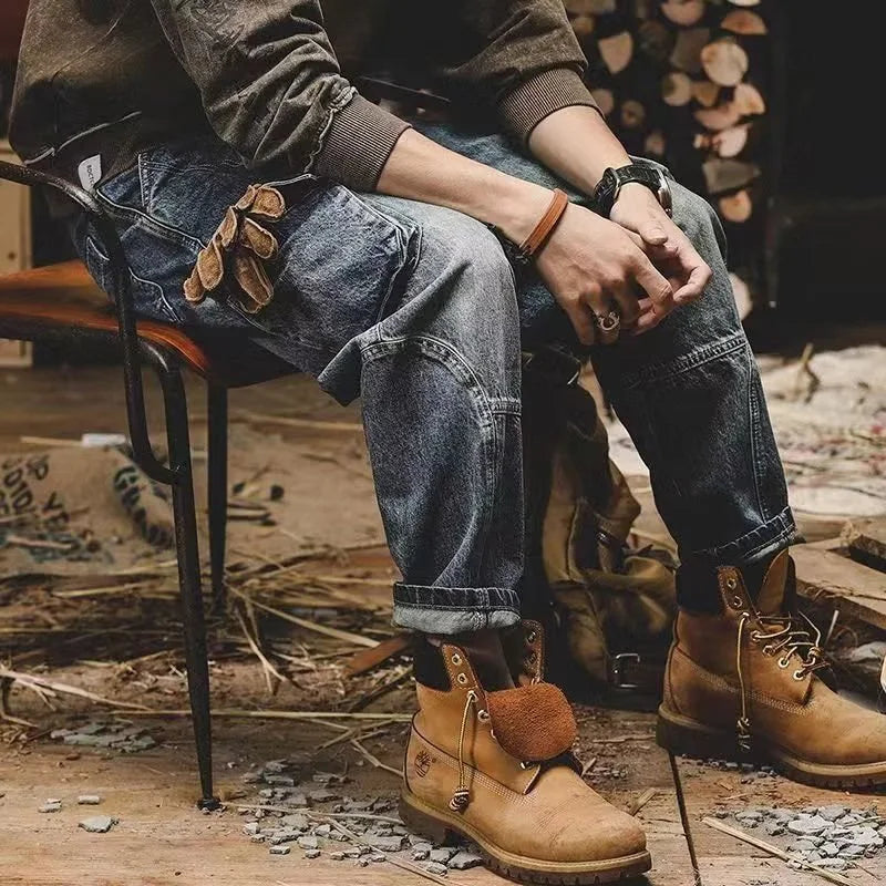 Men's Fashion Multi Pockets Design Cargo Trousers American Vintage Wide Leg Denim Pants Trend Cool Style Streetwear Jeans Male