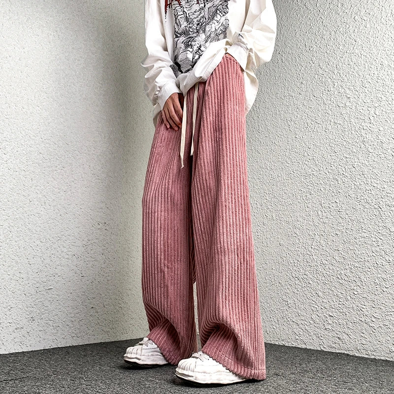 Corduroy Pants Men's Straight Pants Solid Color Drawstring Unisex Wide Leg Oversized Trousers Casual Japanese Style Male Pants