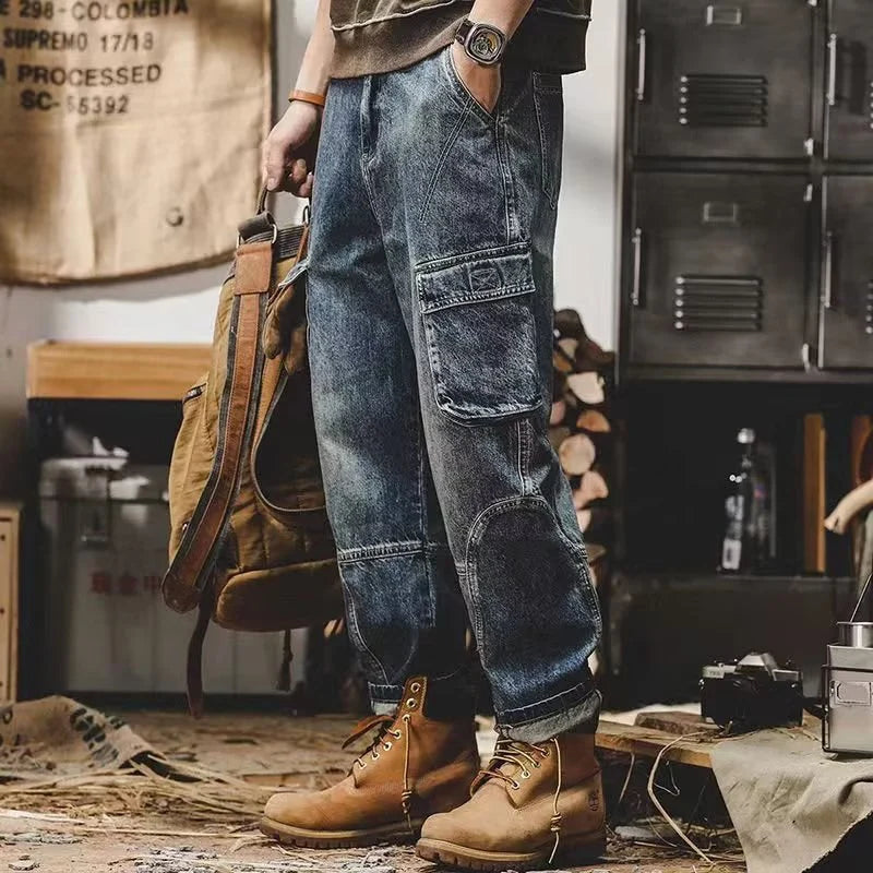 Men's Fashion Multi Pockets Design Cargo Trousers American Vintage Wide Leg Denim Pants Trend Cool Style Streetwear Jeans Male