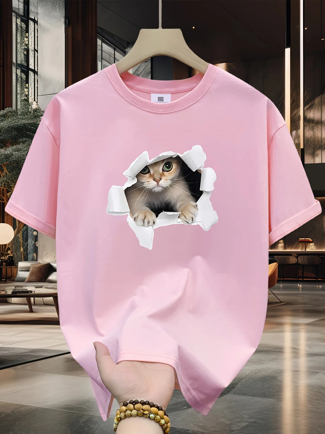 Men's Summer 100% Cotton 3D Cat Graphic Printed Fashion Sports and Leisure Loose Round Neck Short Sleeve T-shirt Top