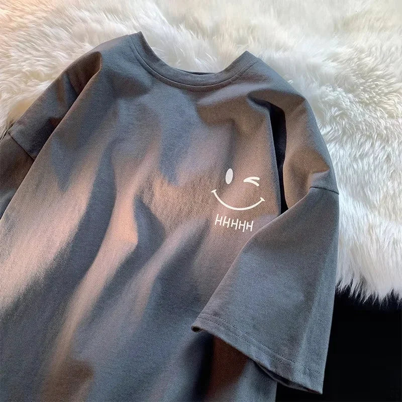 Men Women's Smiling Face Funny Fashion Couple Short Sleeved 2D T-shirt American Basic Simple Oversized Loose Boys' Pullover Top