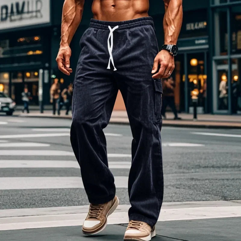 Men's Retro American Corduroy Casual Trousers 2025 Loose Fit Multi-Pocket Straight Leg for Comfortable Wear