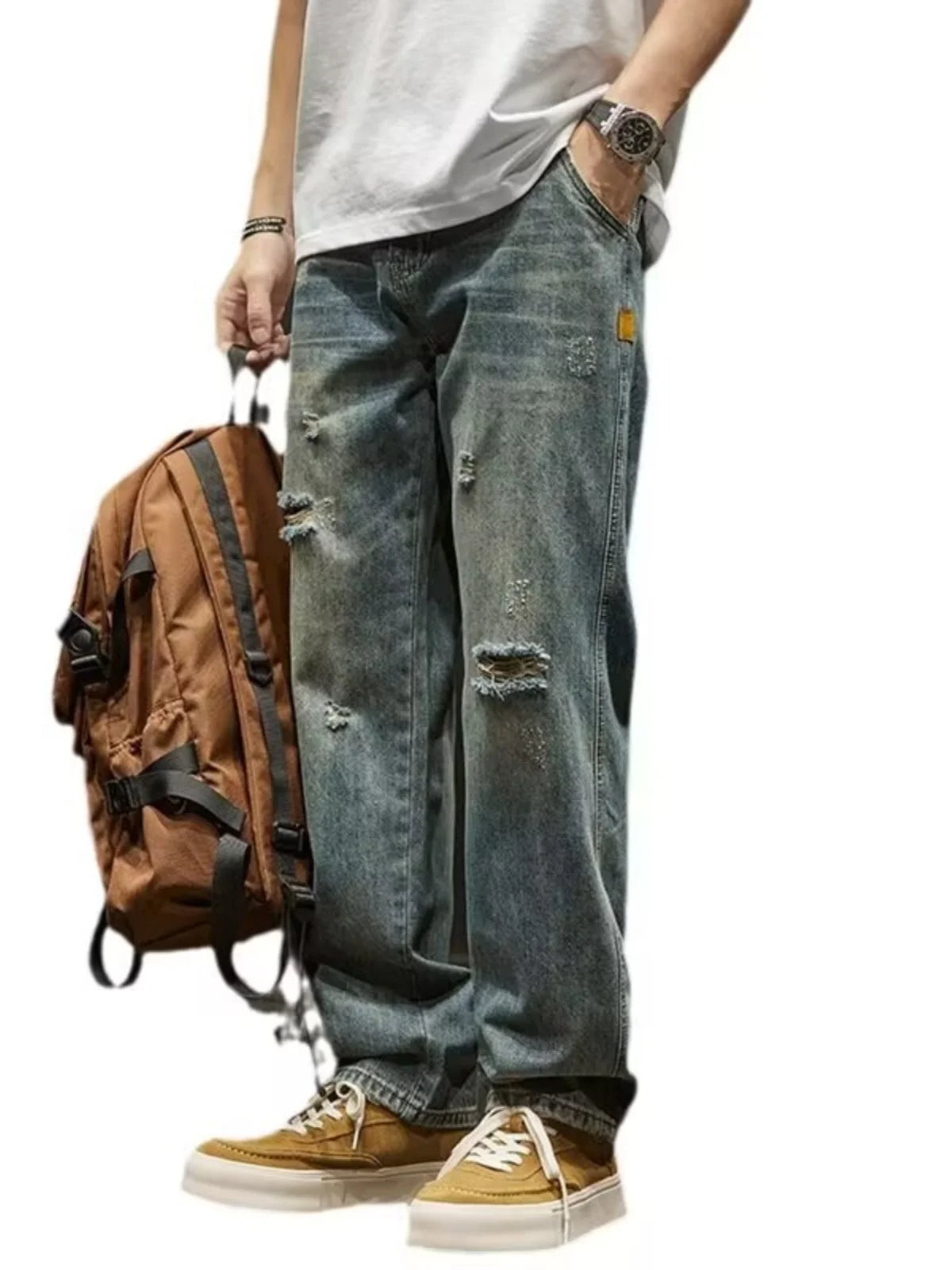 Ripped Denim Jeans Men's Spring New Sle Heavyweight Vintage Casual Long Pants American High Street Loose Straight Leg Pants