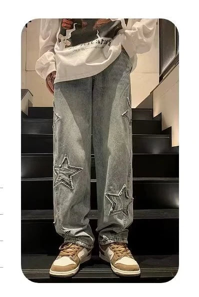 Star Embroidery Straight Casual Men Jeans Neutral Wide Leg Loose Hip-hop Fashion Youth Streetwear Denim Trousers Y2K pants men
