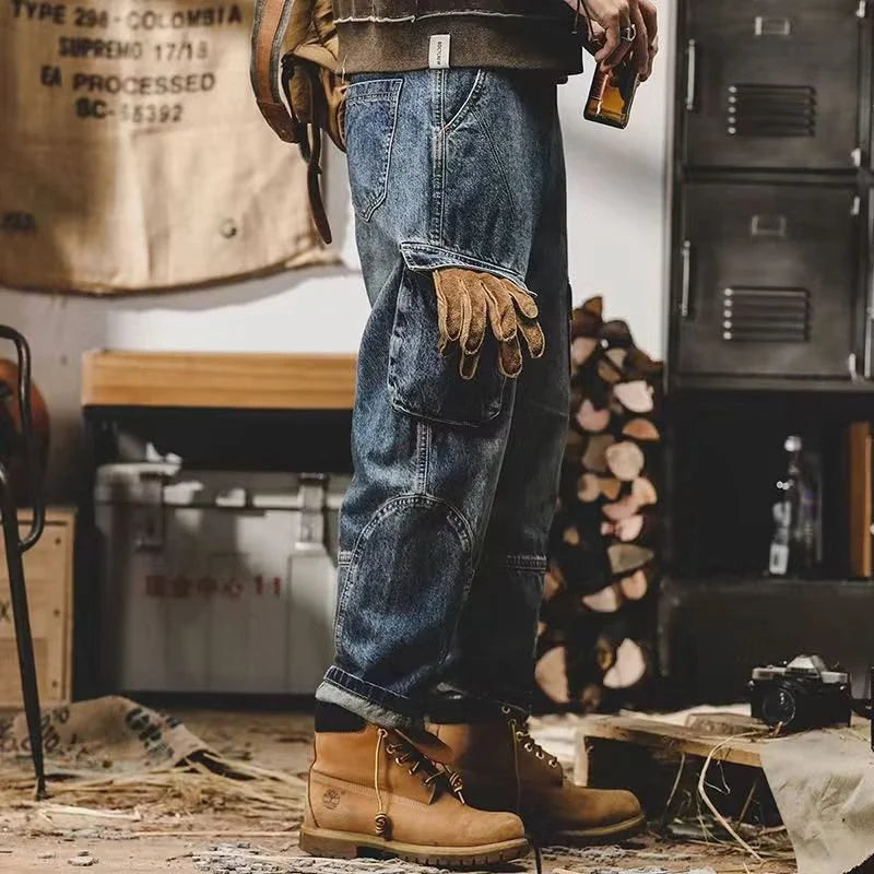 Men's Fashion Multi Pockets Design Cargo Trousers American Vintage Wide Leg Denim Pants Trend Cool Style Streetwear Jeans Male
