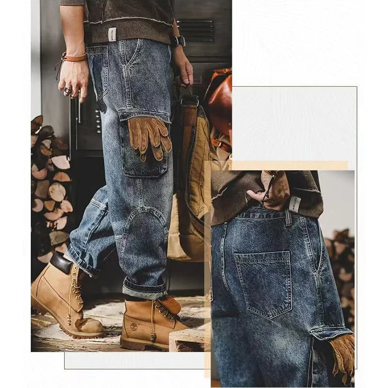 Men's Fashion Multi Pockets Design Cargo Trousers American Vintage Wide Leg Denim Pants Trend Cool Style Streetwear Jeans Male