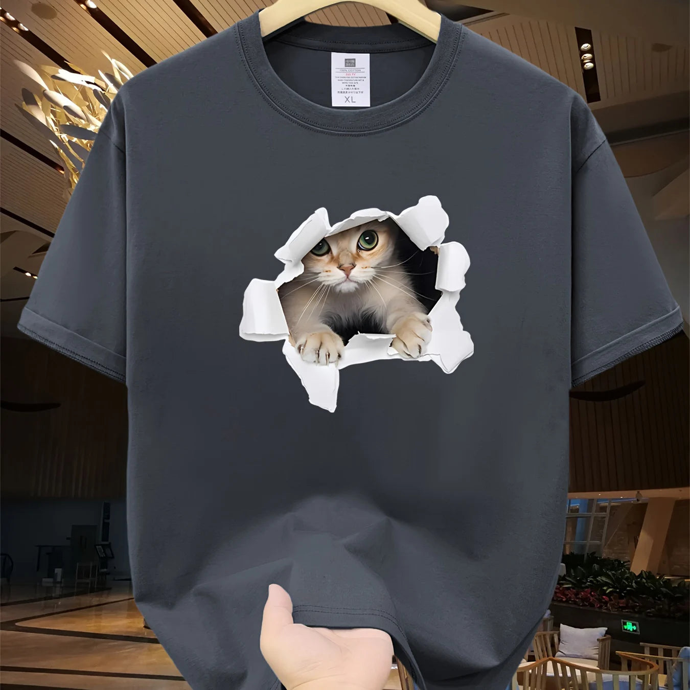 Men's Summer 100% Cotton 3D Cat Graphic Printed Fashion Sports and Leisure Loose Round Neck Short Sleeve T-shirt Top