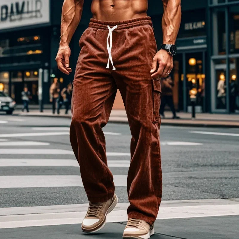 Men's Retro American Corduroy Casual Trousers 2025 Loose Fit Multi-Pocket Straight Leg for Comfortable Wear