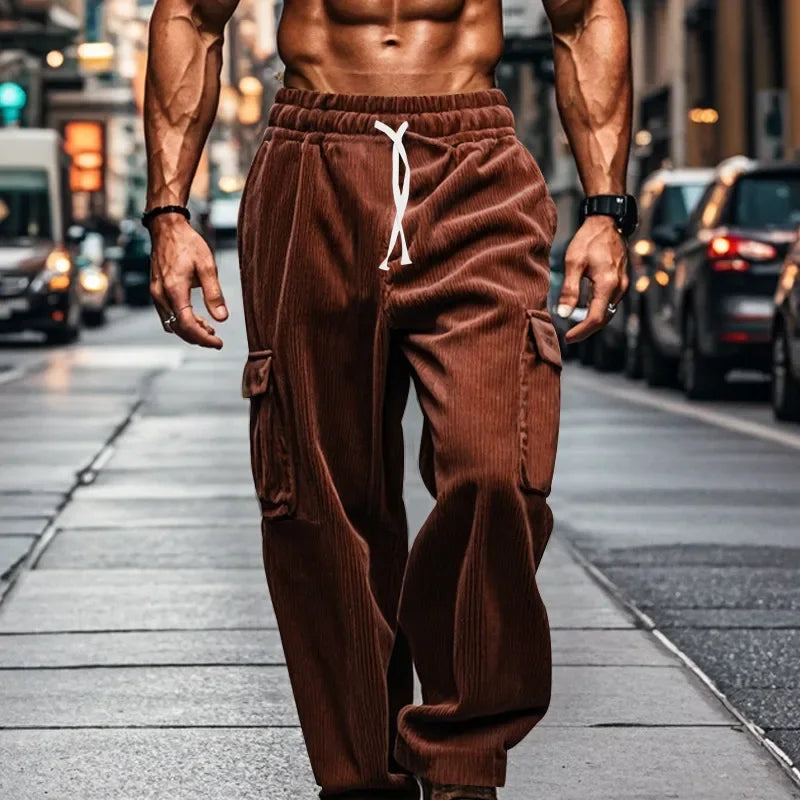 Men's Retro American Corduroy Casual Trousers 2025 Loose Fit Multi-Pocket Straight Leg for Comfortable Wear