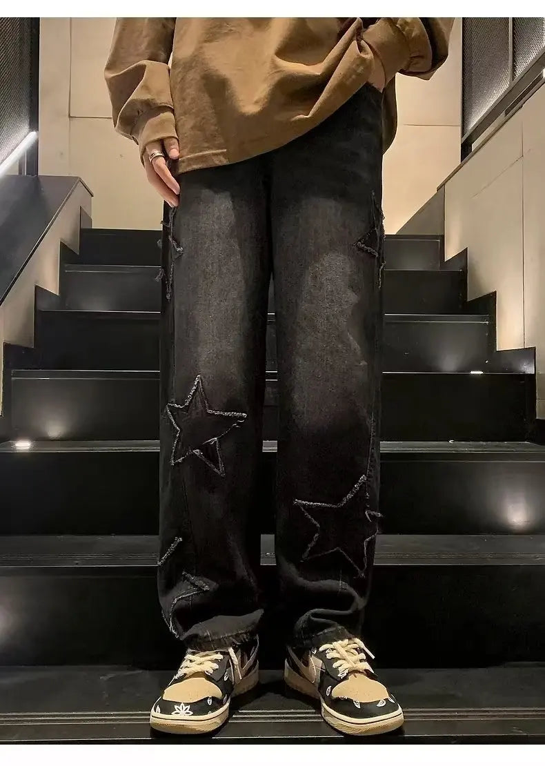 Star Embroidery Straight Casual Men Jeans Neutral Wide Leg Loose Hip-hop Fashion Youth Streetwear Denim Trousers Y2K pants men