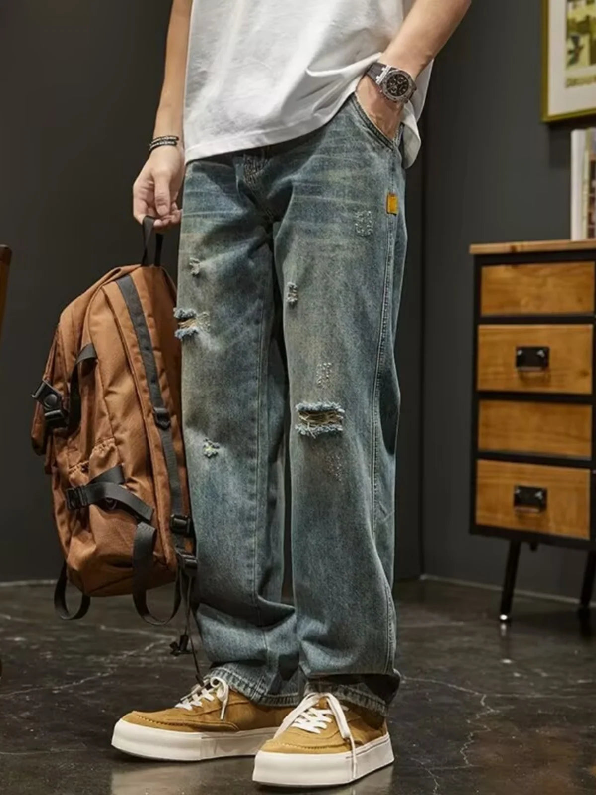 Ripped Denim Jeans Men's Spring New Sle Heavyweight Vintage Casual Long Pants American High Street Loose Straight Leg Pants