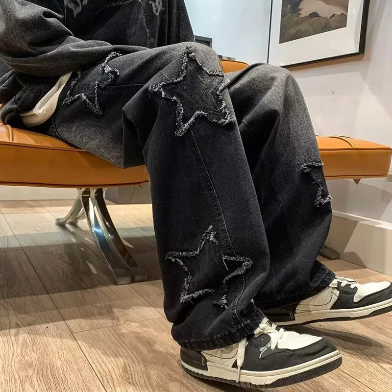 American HIPHOP Star Jeans Men's High Street Trendy Brand Loose Straight Leg Wide Leg Pants Street Trend Versatile Pants