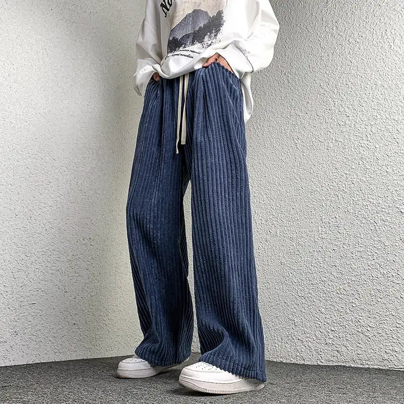 Corduroy Pants Men's Straight Pants Solid Color Drawstring Unisex Wide Leg Oversized Trousers Casual Japanese Style Male Pants