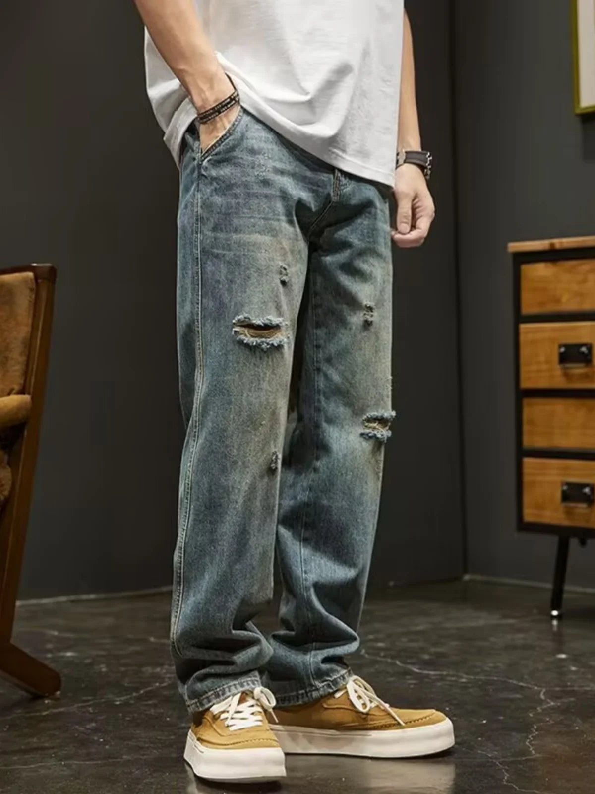 Ripped Denim Jeans Men's Spring New Sle Heavyweight Vintage Casual Long Pants American High Street Loose Straight Leg Pants