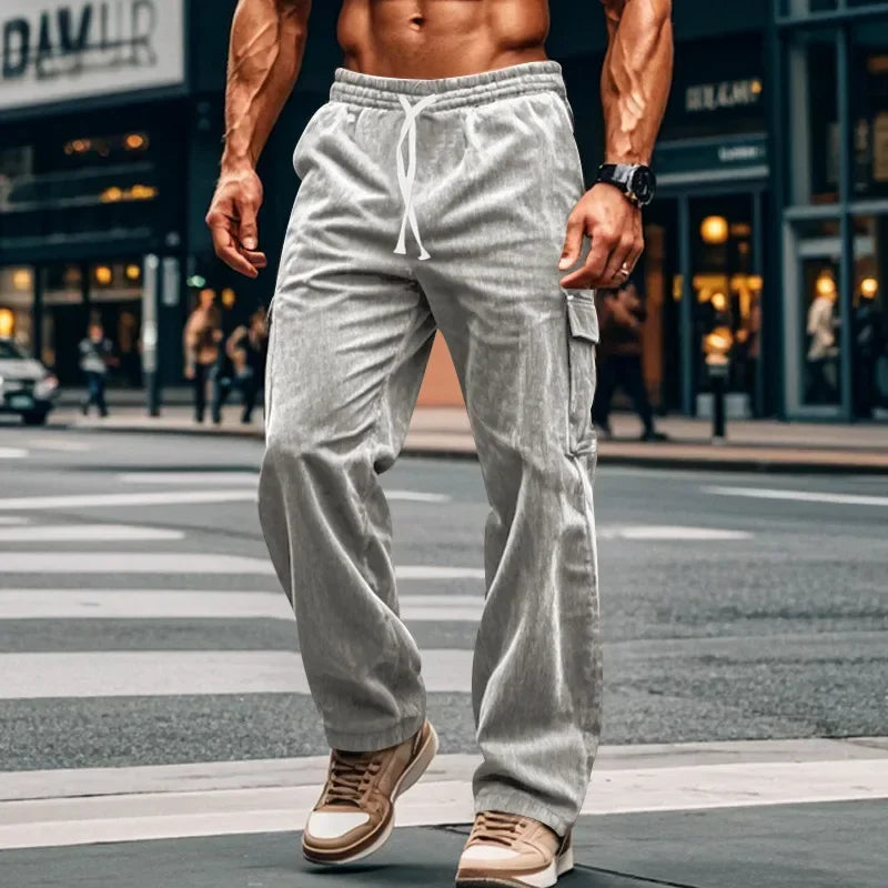 Men's Retro American Corduroy Casual Trousers 2025 Loose Fit Multi-Pocket Straight Leg for Comfortable Wear