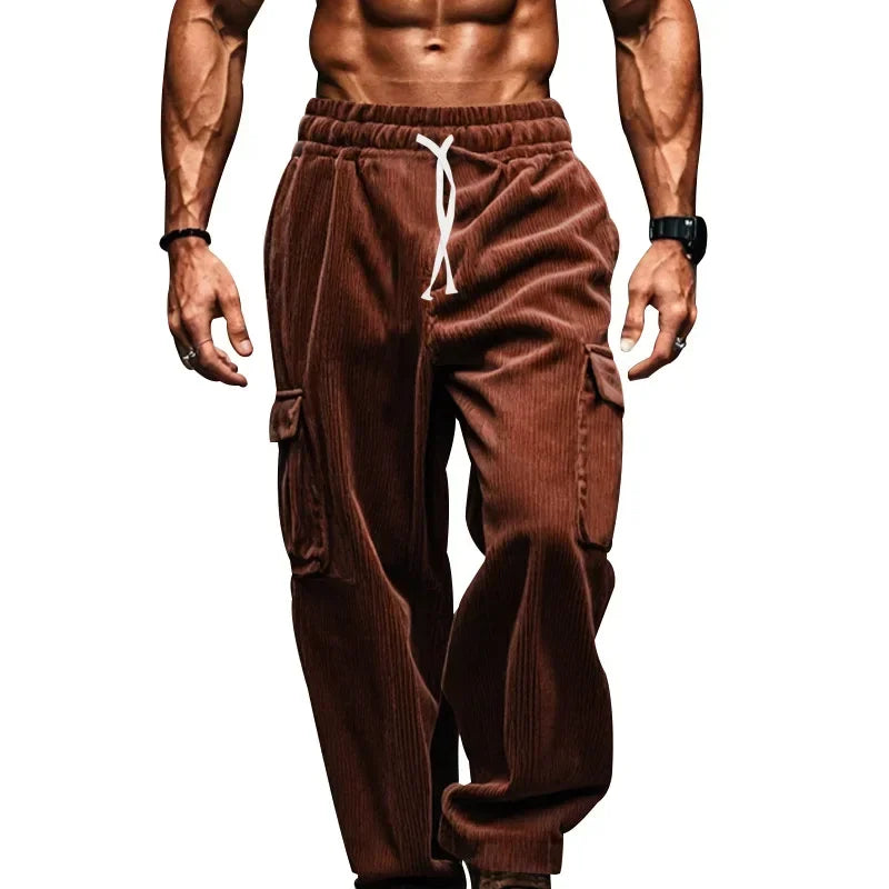 Men's Retro American Corduroy Casual Trousers 2025 Loose Fit Multi-Pocket Straight Leg for Comfortable Wear