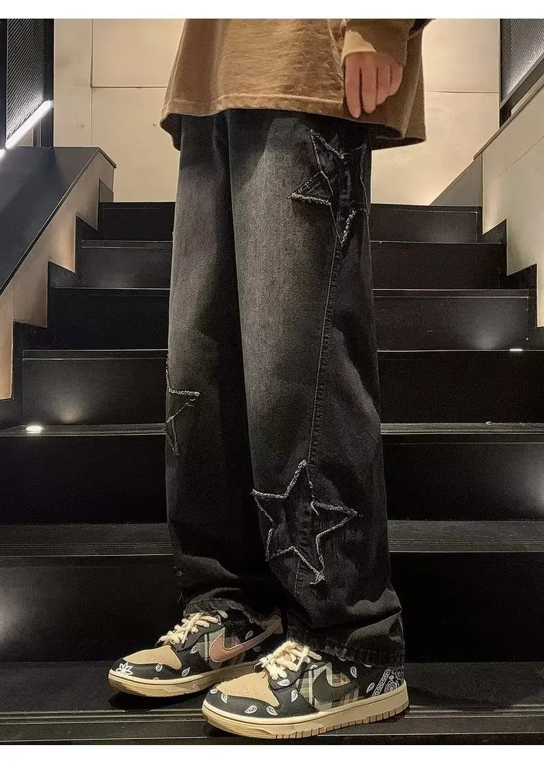 Star Embroidery Straight Casual Men Jeans Neutral Wide Leg Loose Hip-hop Fashion Youth Streetwear Denim Trousers Y2K pants men