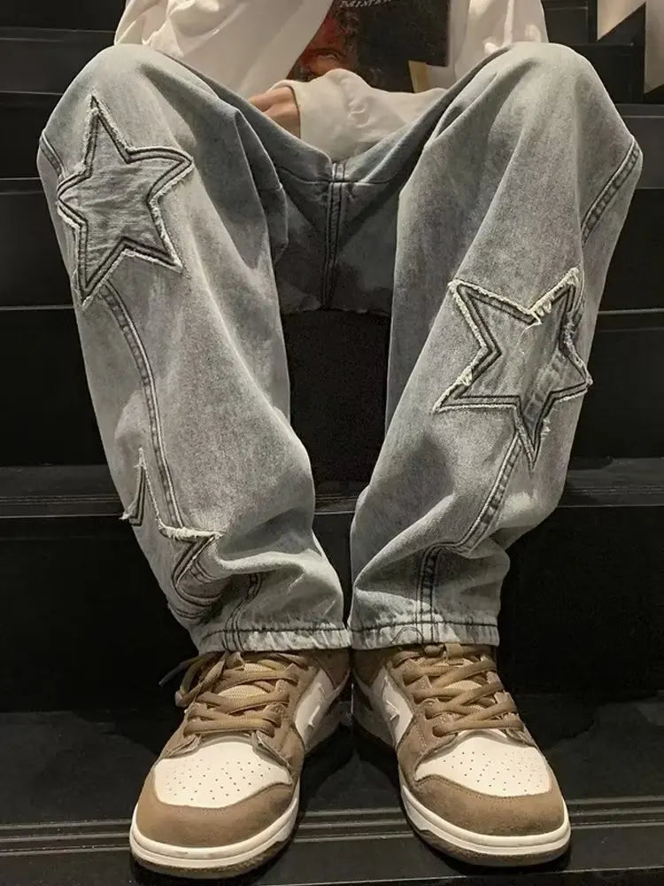 Star Embroidery Straight Casual Men Jeans Neutral Wide Leg Loose Hip-hop Fashion Youth Streetwear Denim Trousers Y2K pants men