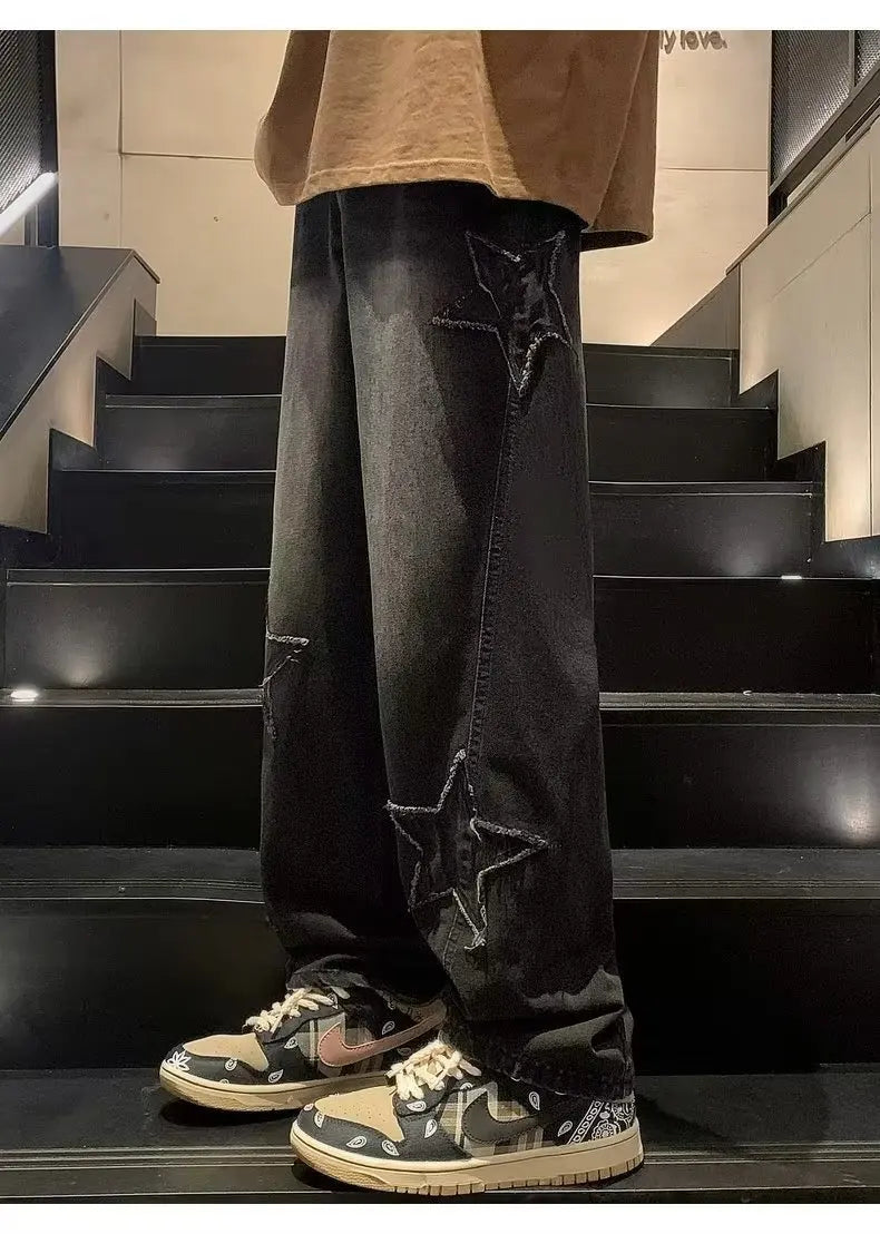 Star Embroidery Straight Casual Men Jeans Neutral Wide Leg Loose Hip-hop Fashion Youth Streetwear Denim Trousers Y2K pants men
