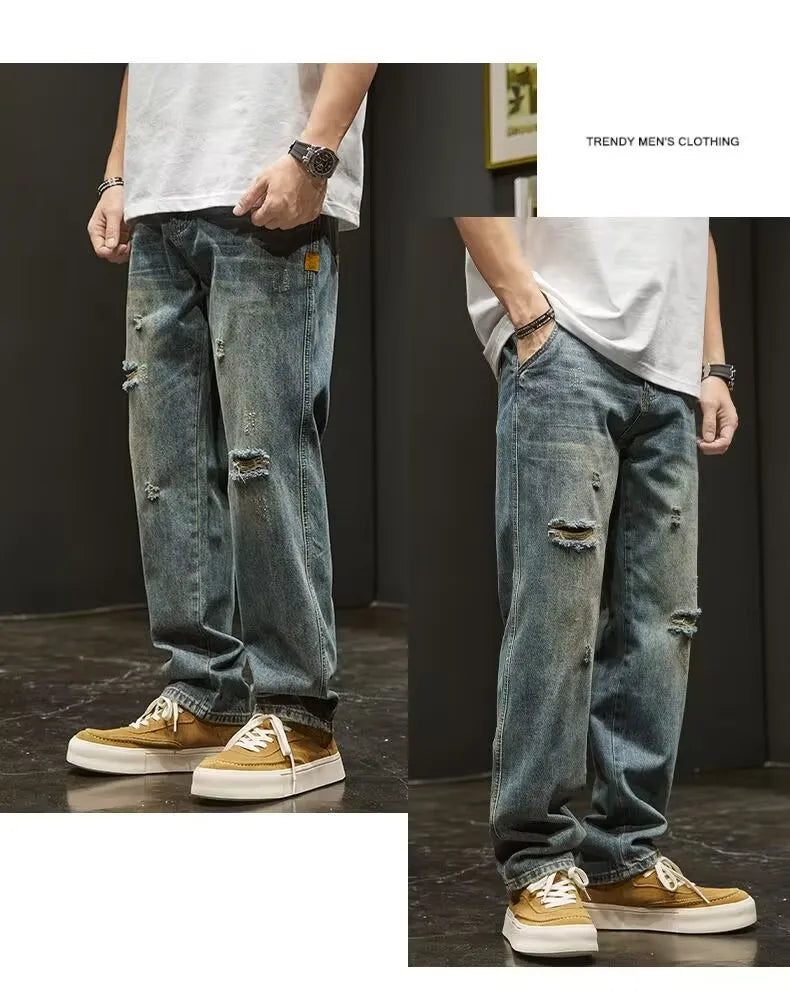 Ripped Denim Jeans Men's Spring New Sle Heavyweight Vintage Casual Long Pants American High Street Loose Straight Leg Pants