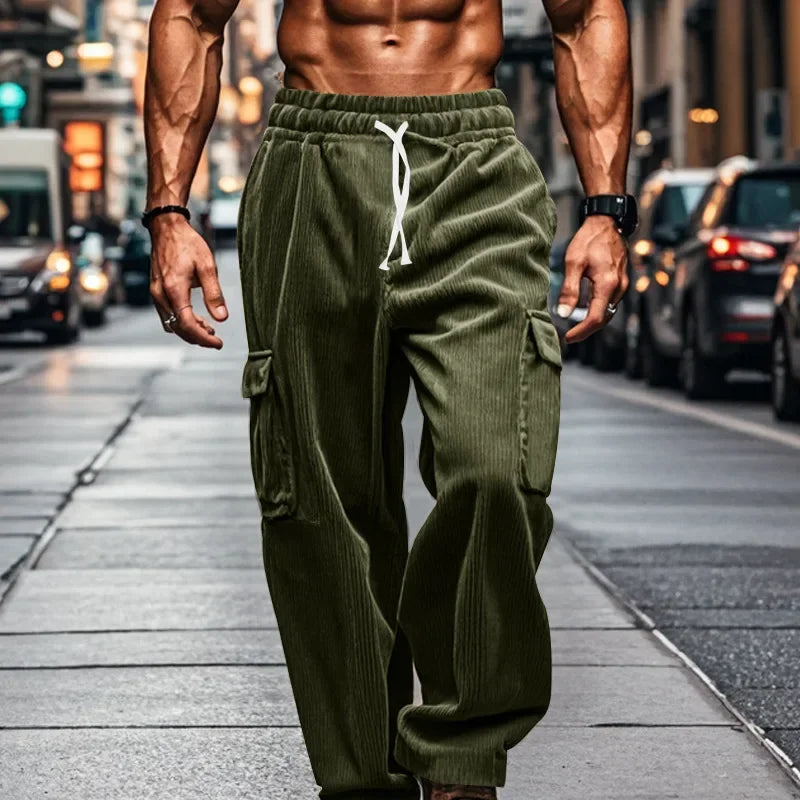 Men's Retro American Corduroy Casual Trousers 2025 Loose Fit Multi-Pocket Straight Leg for Comfortable Wear
