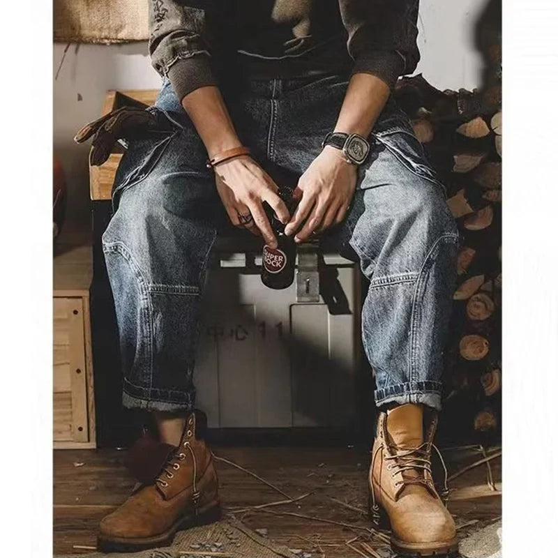Men's Fashion Multi Pockets Design Cargo Trousers American Vintage Wide Leg Denim Pants Trend Cool Style Streetwear Jeans Male