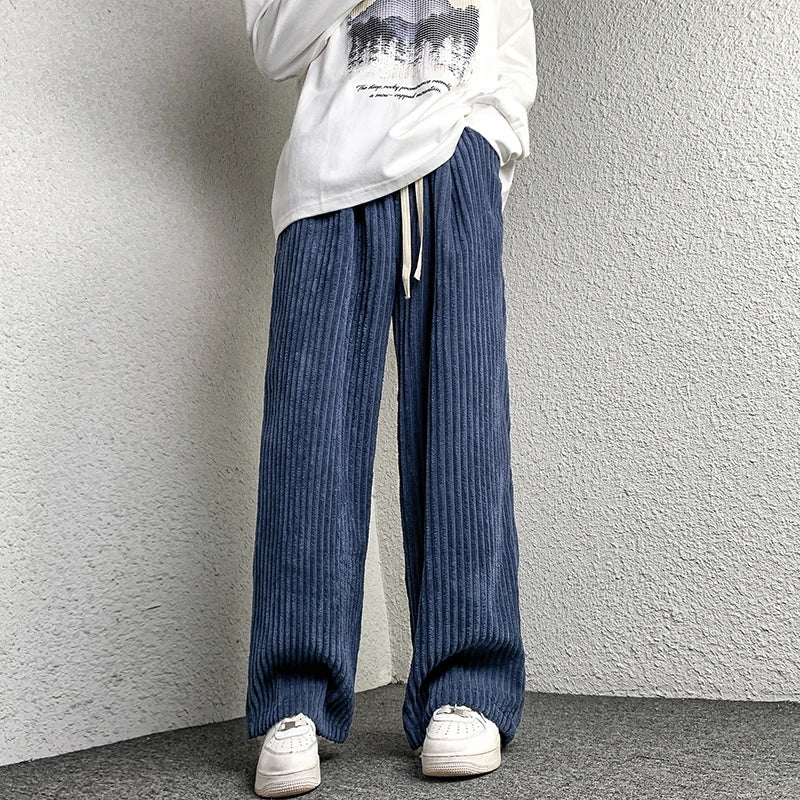 Corduroy Pants Men's Straight Pants Solid Color Drawstring Unisex Wide Leg Oversized Trousers Casual Japanese Style Male Pants