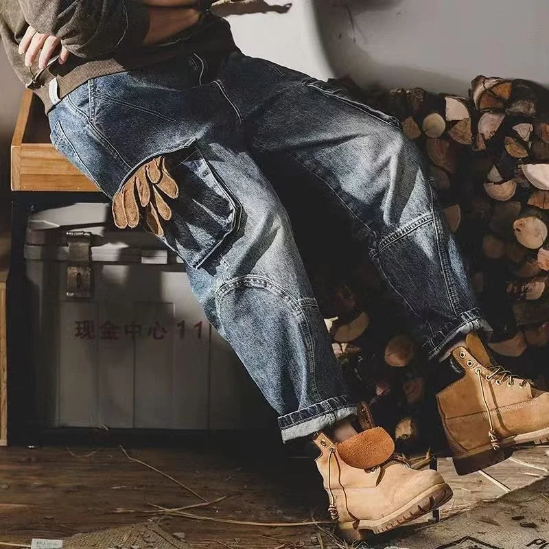 Men's Fashion Multi Pockets Design Cargo Trousers American Vintage Wide Leg Denim Pants Trend Cool Style Streetwear Jeans Male