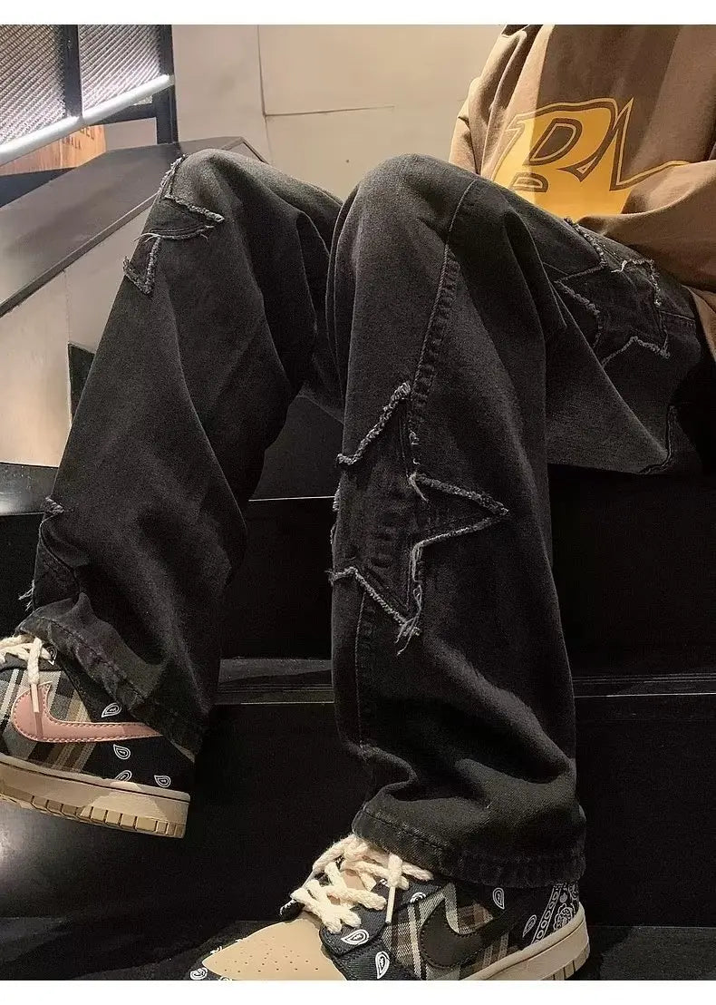 Star Embroidery Straight Casual Men Jeans Neutral Wide Leg Loose Hip-hop Fashion Youth Streetwear Denim Trousers Y2K pants men