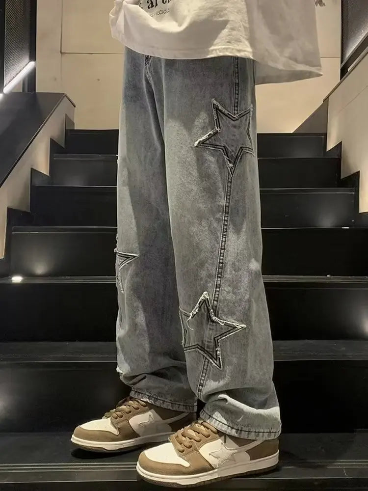 Star Embroidery Straight Casual Men Jeans Neutral Wide Leg Loose Hip-hop Fashion Youth Streetwear Denim Trousers Y2K pants men
