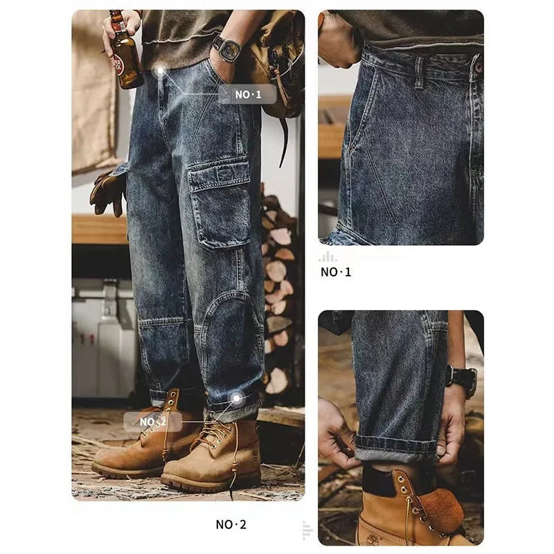 Men's Fashion Multi Pockets Design Cargo Trousers American Vintage Wide Leg Denim Pants Trend Cool Style Streetwear Jeans Male