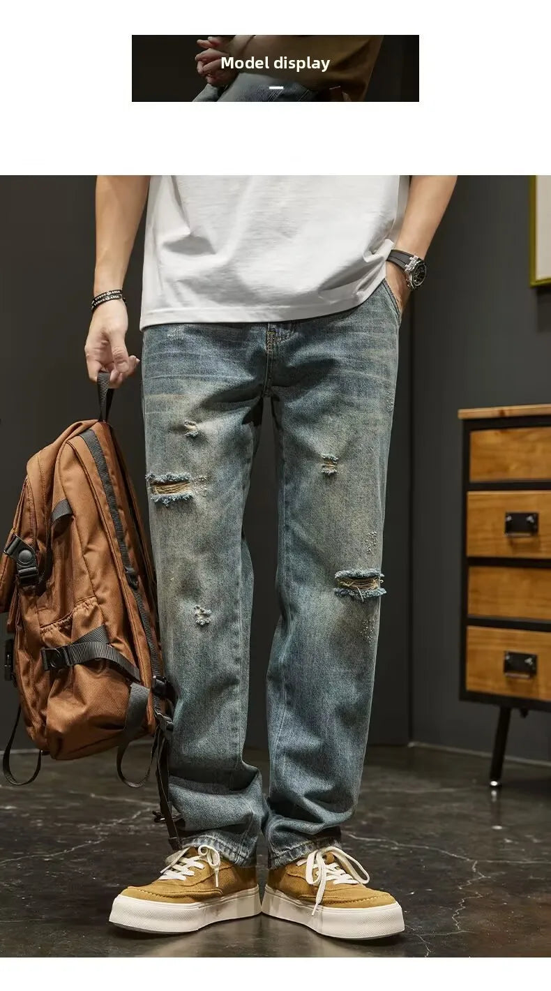 Ripped Denim Jeans Men's Spring New Sle Heavyweight Vintage Casual Long Pants American High Street Loose Straight Leg Pants