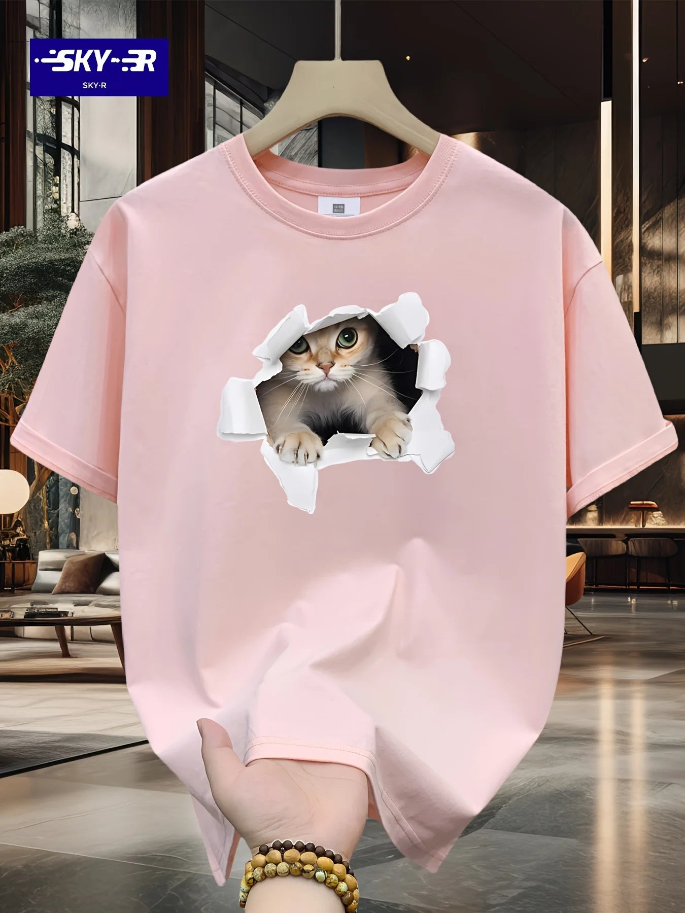 Men's Summer 100% Cotton 3D Cat Graphic Printed Fashion Sports and Leisure Loose Round Neck Short Sleeve T-shirt Top