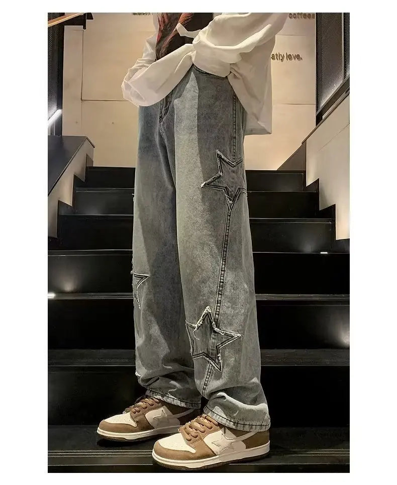 Star Embroidery Straight Casual Men Jeans Neutral Wide Leg Loose Hip-hop Fashion Youth Streetwear Denim Trousers Y2K pants men